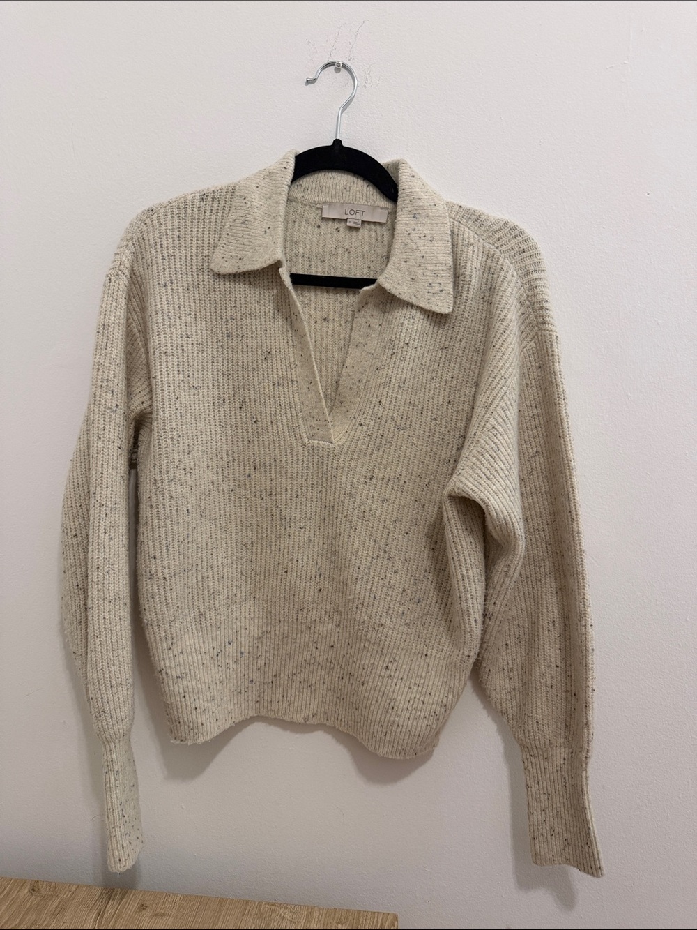 LOFT Cream Collared V-Neck Ribbed Sweater Small